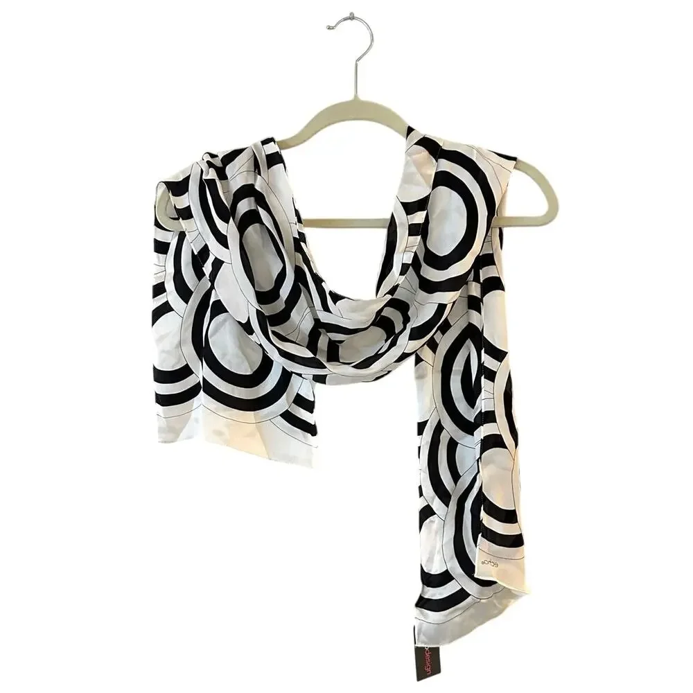 Echo 100% Silk Scarf Mod Geometric Retro Circle Design 60” Black White Head NWT